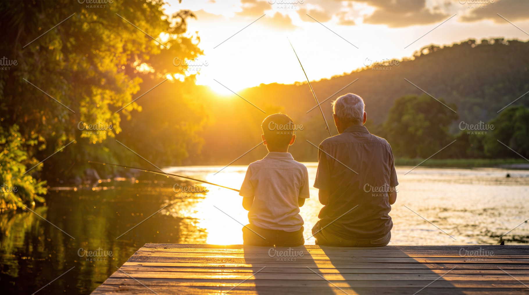 Grandfather and Grandson Fishing at Sunset, a Sports & Recreation Photo by Davizro's Market