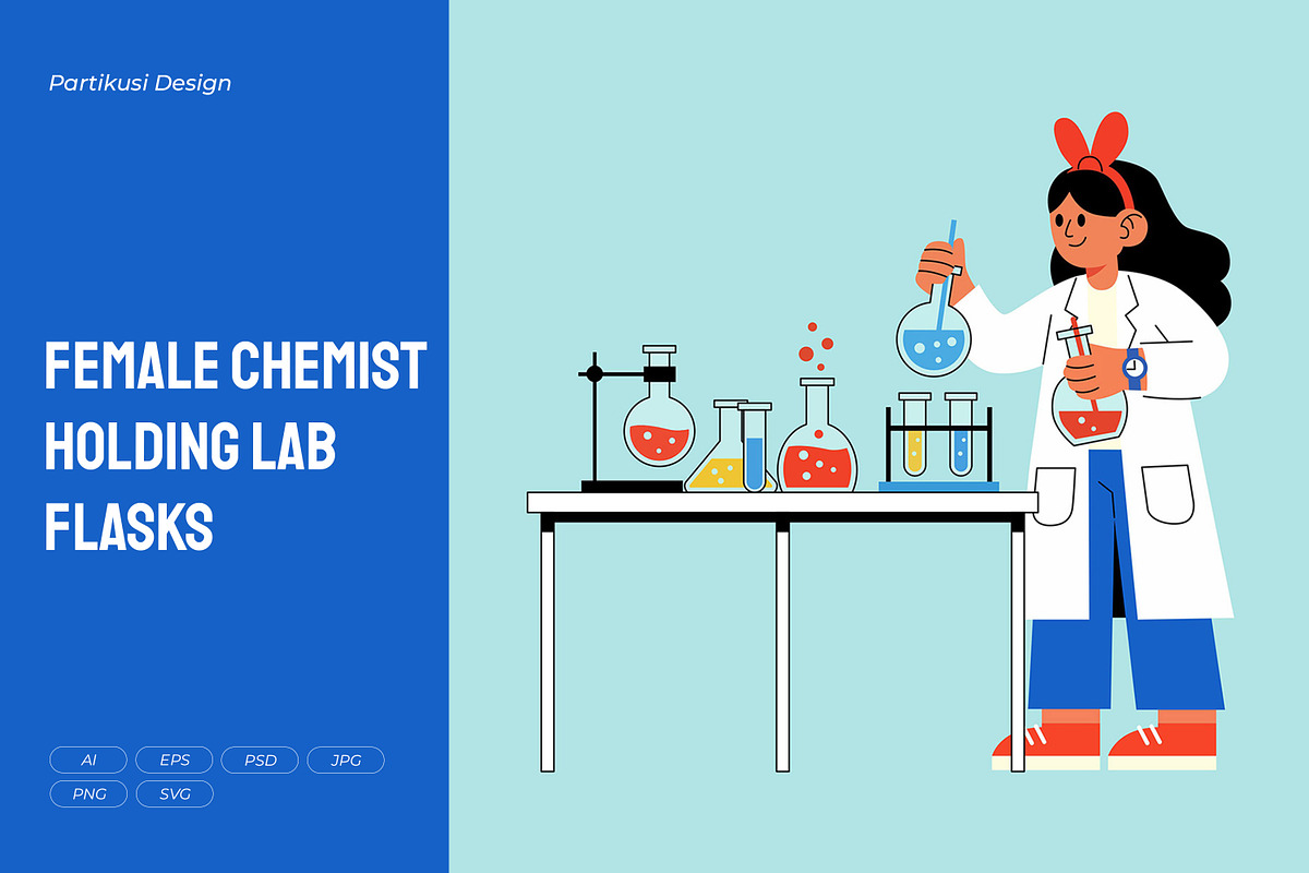 Female Chemist Holding Lab Flasks, a Healthcare Illustration by Partikusi Design (Photo 1 of 3)