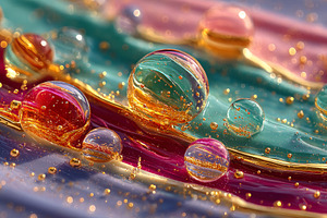 Glass spheres with swirling colors and golden bubbles floating o, a Decorative Illustration by José Manuel Gelpi