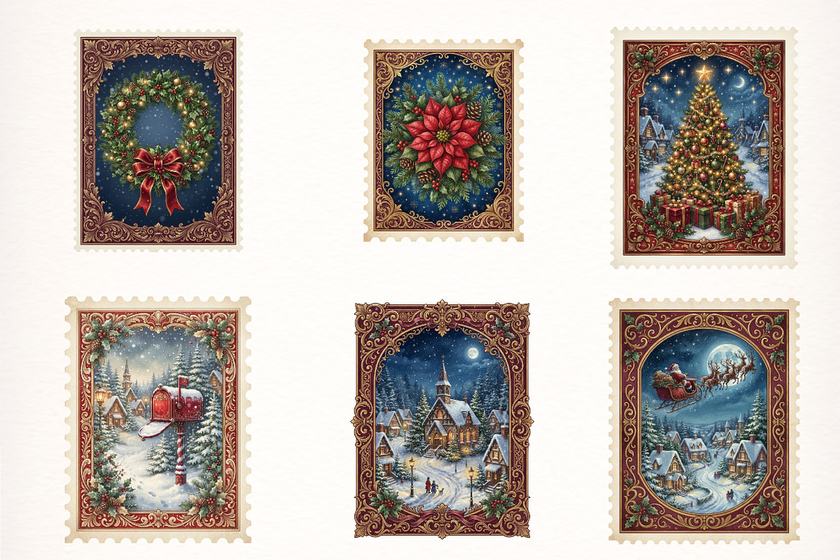 Vintage Christmas Stamps PNG Bundle, a Transportation Illustration by Digital Artistic99 (Photo 2 of 9)