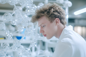 Male medical researcher analyzing mo, a Photo by Dvoevnore photos