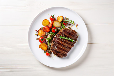 Grilled meat steak with vegetables in plate on white wooden background, a Food & Drink Photo by AlyaAnd