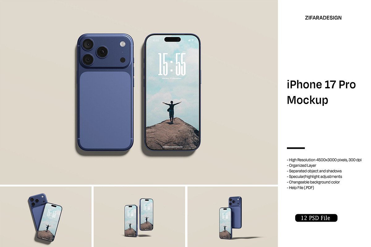 iPhone 17 Pro Mockup, an iPhone Mockup by ZifaraDesign (Photo 1 of 13)