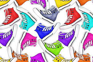 Watercolor sneakers seamless pattern