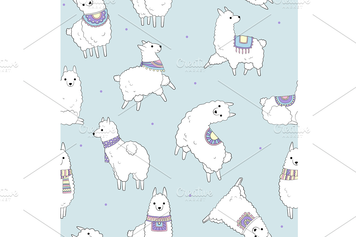 Llama pattern. happy cute white, an Animal Illustration by Onyx