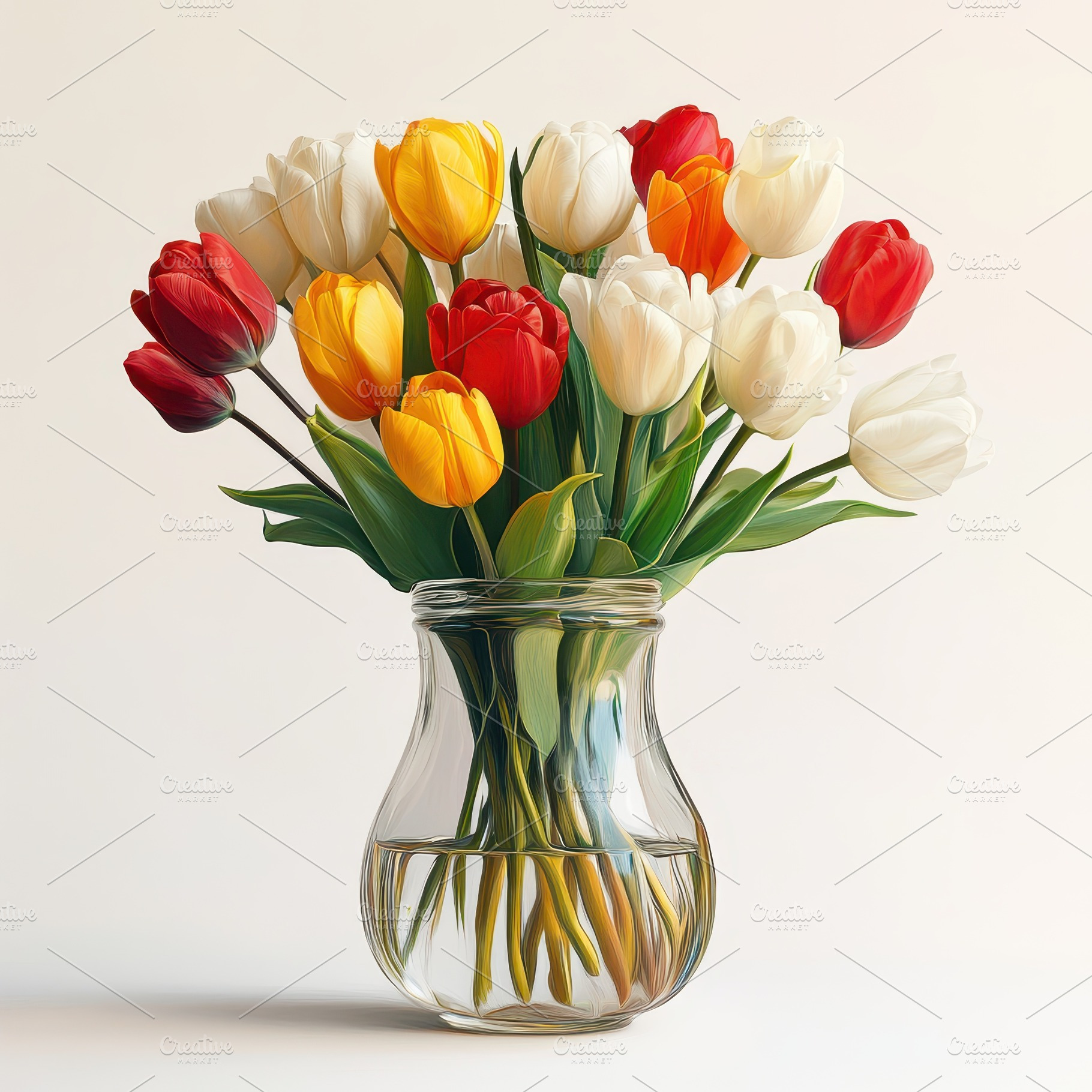 Colorful tulips in a glass vase spri, a Background Photo by Pixeness Studio