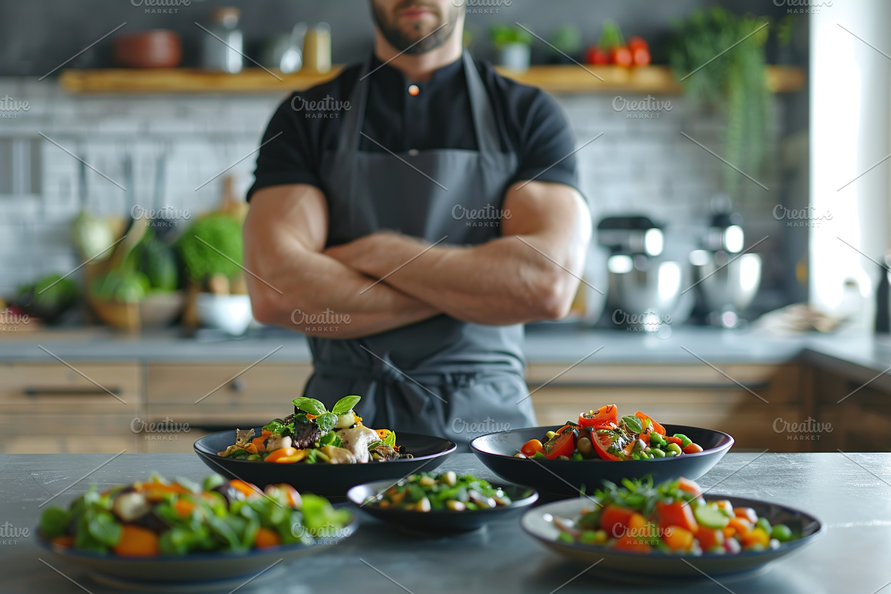 Male chef cooking vegan dishes in the kitchen, a Food & Drink Photo by AlyaAnd