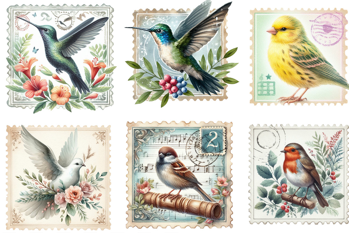 Junk Journal Bird Postage Stamp, an Illustration by Designking (Photo 2 of 4)