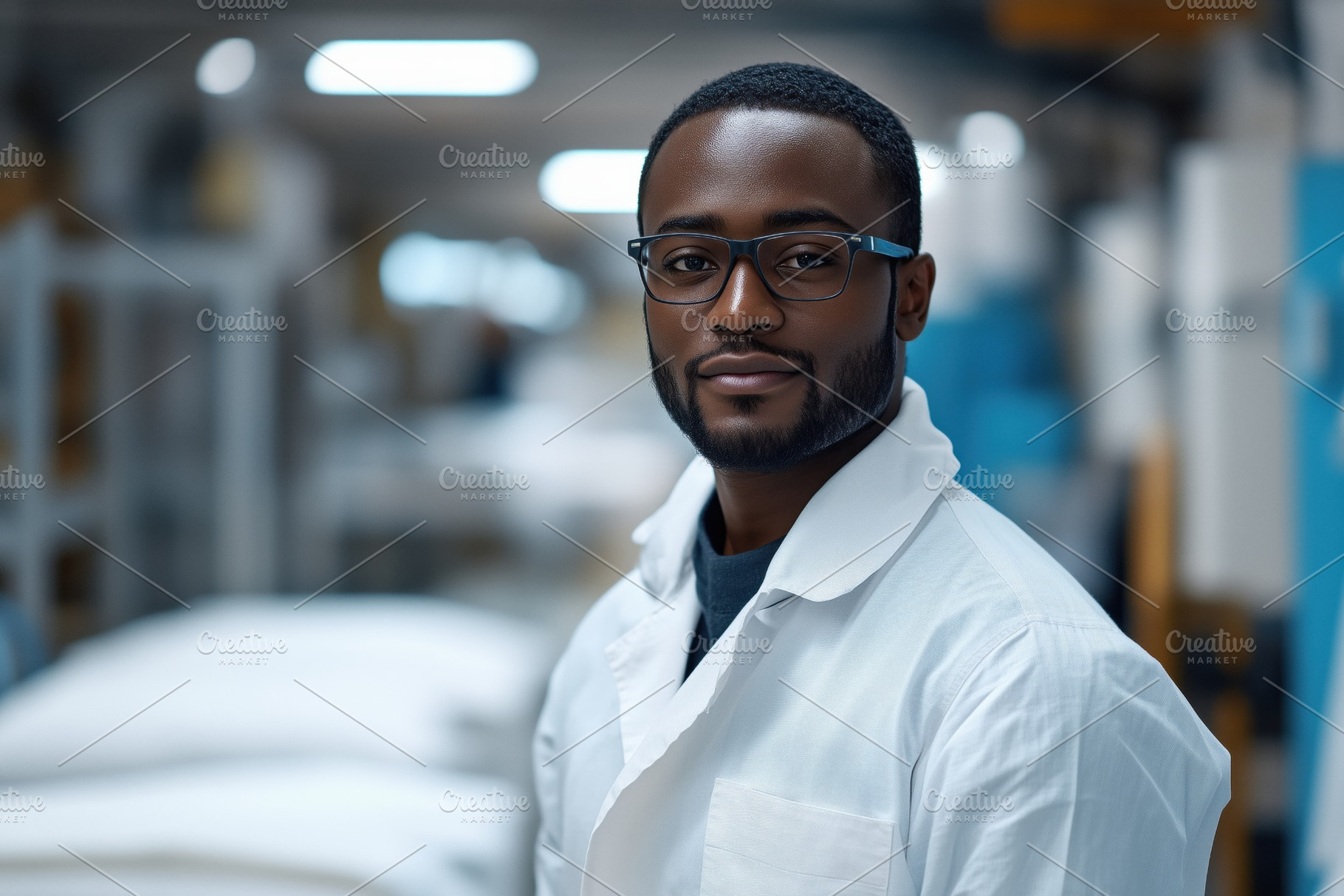 A confident young garment technologist man wearing glasses and a white lab coat, a Person Photo by Textures & Backgrounds