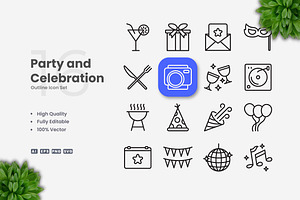 Party and Celebration Outline Icons, an Outline Icon by Upnowgraphic
