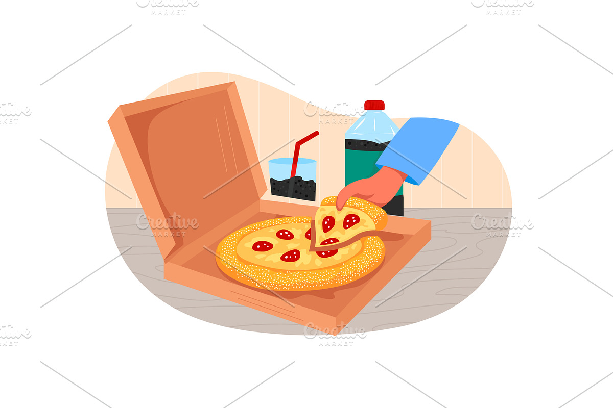 Male hand taking pizza from box, a Food Illustration by vectorpointstudio