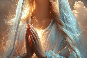 Heavenly woman in prayer with glowing golden halo and divine lig, a Holiday Photo by José Manuel Gelpi
