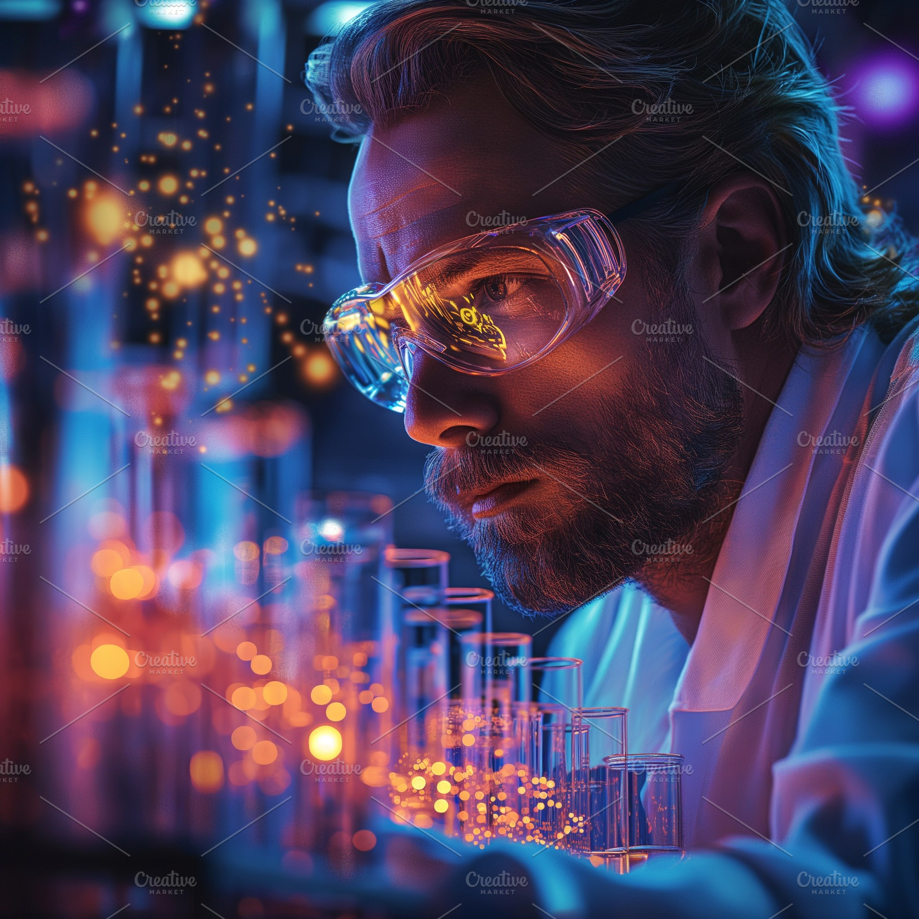 A focused male scientist in a lab coat examines glowing test tubes, showcasing, a Person Photo by ImageMir