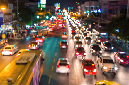 Blur bokeh of evening traffic jam featuring traffic, jam, and bokeh, a Transportation Photo by Casanowe-studio