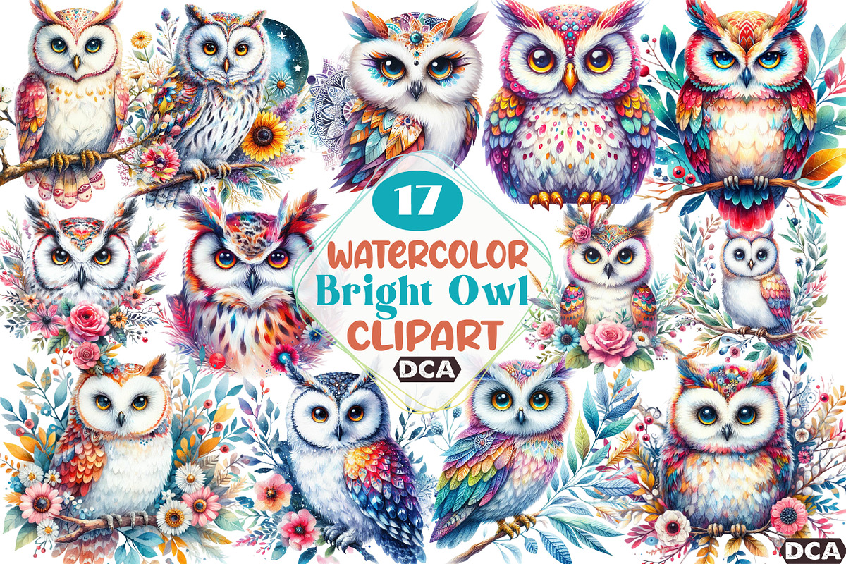 watercolor Bright Owl, an Illustration by DreamCafeArt (Photo 1 of 7)