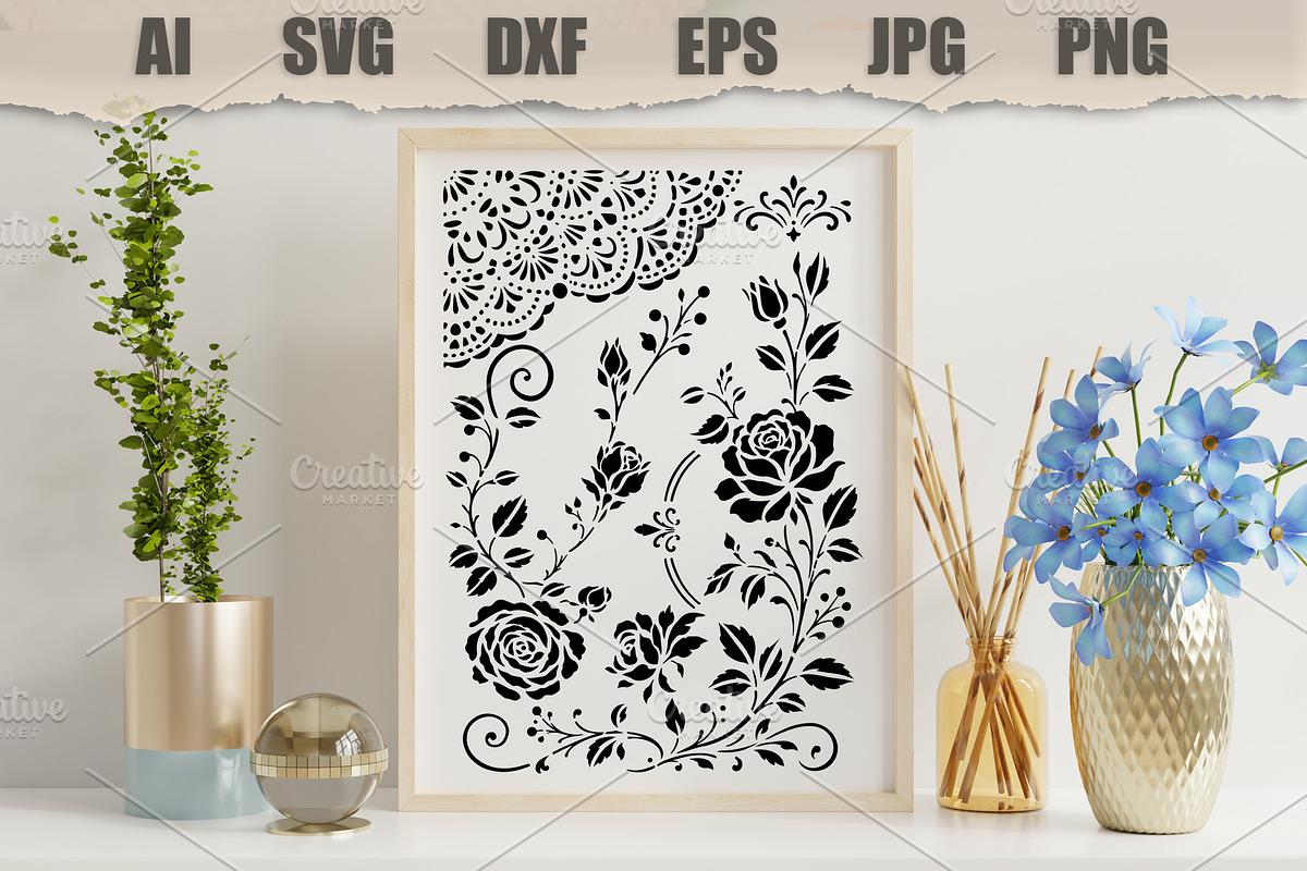 Stencil Vintage Rose Floral Ornament, an Object Illustration by MARYCRAFTIRIA (Photo 3 of 3)