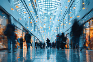 Blurry shoppers in modern glass mall, a Photo by Pixeness Studio