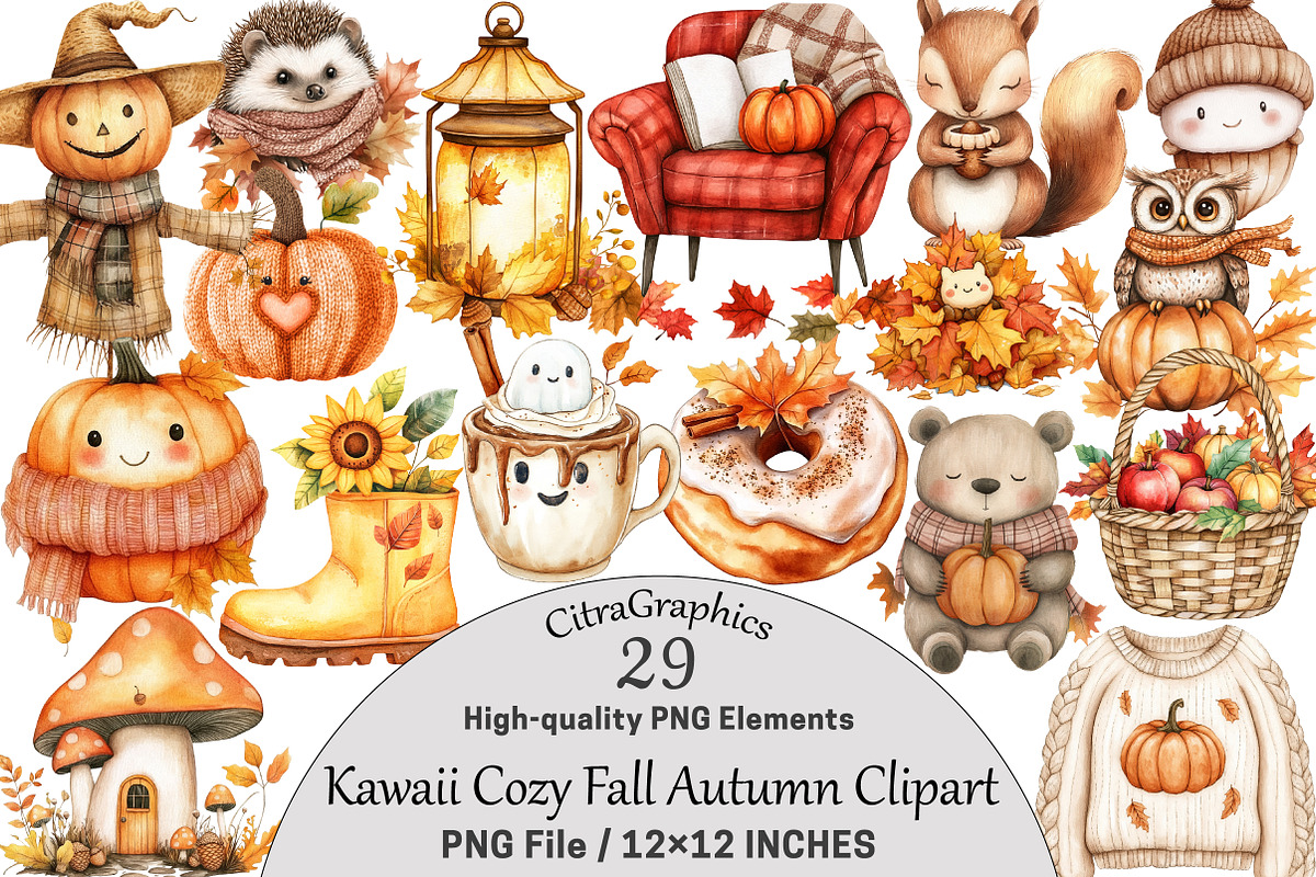 Kawaii Cozy Fall Autumn Clipart, a Seasonal Illustration by CitraGraphics (Photo 1 of 7)