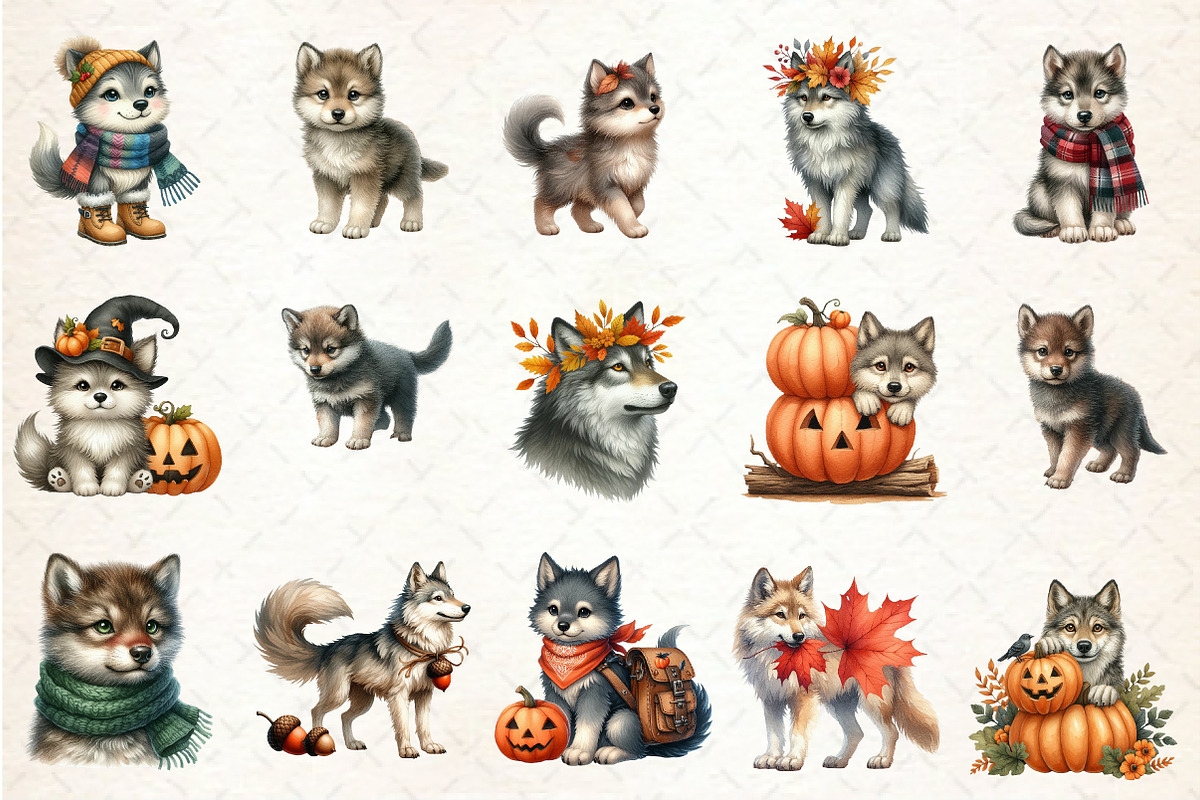 Watercolor Fall Autumn Wolf Clipart, an Illustration by Rose Art (Photo 2 of 8)
