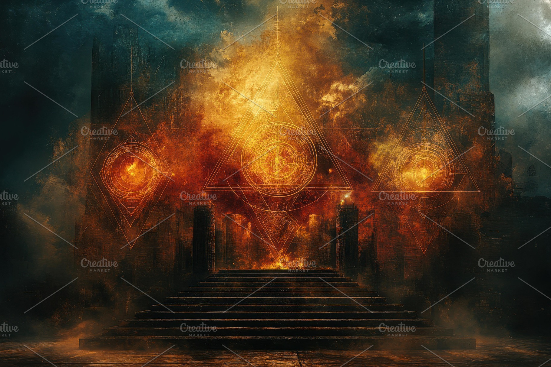 Mystical temple with fiery symbols i, a Photo by Tanuart