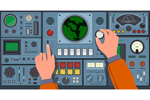 Pilot hands on control panel, a Technology Illustration by YummyBuum