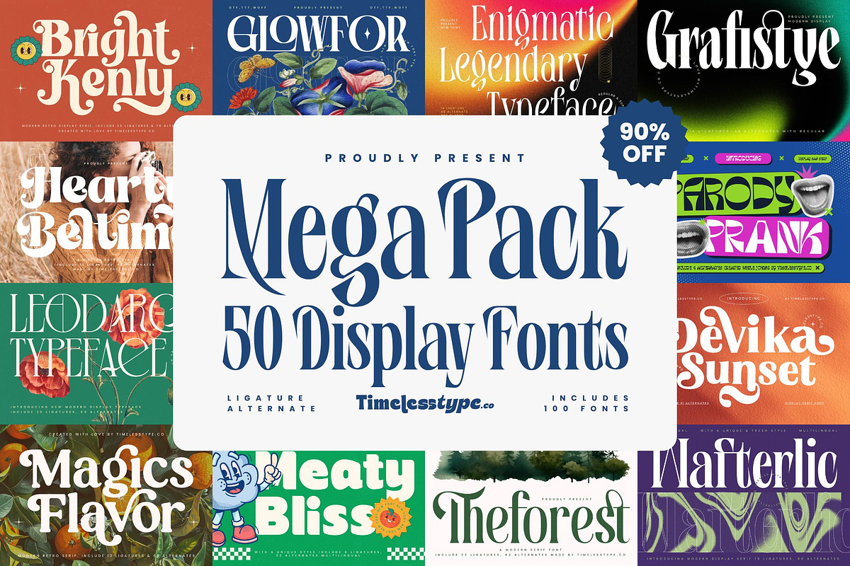 Mega Pack 50 Modern Display Fonts, a Font by timelesstype.co (Photo 1 of 14)