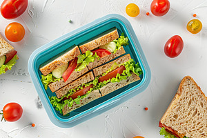 School lunch box with tasty sandwich on the table, a Food & Drink Photo by AlyaAnd