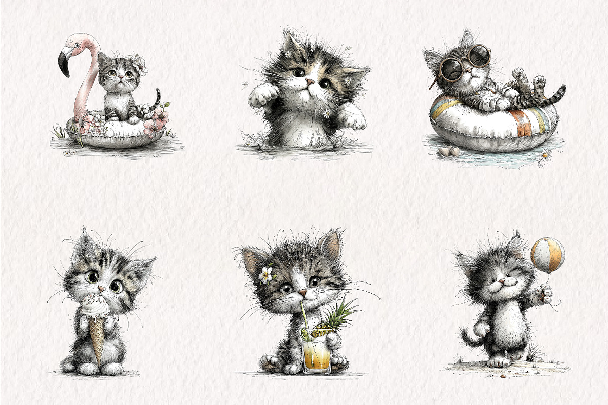 Whimsical Summer Cats Clipart, an Illustration by CreationArt (Photo 2 of 7)