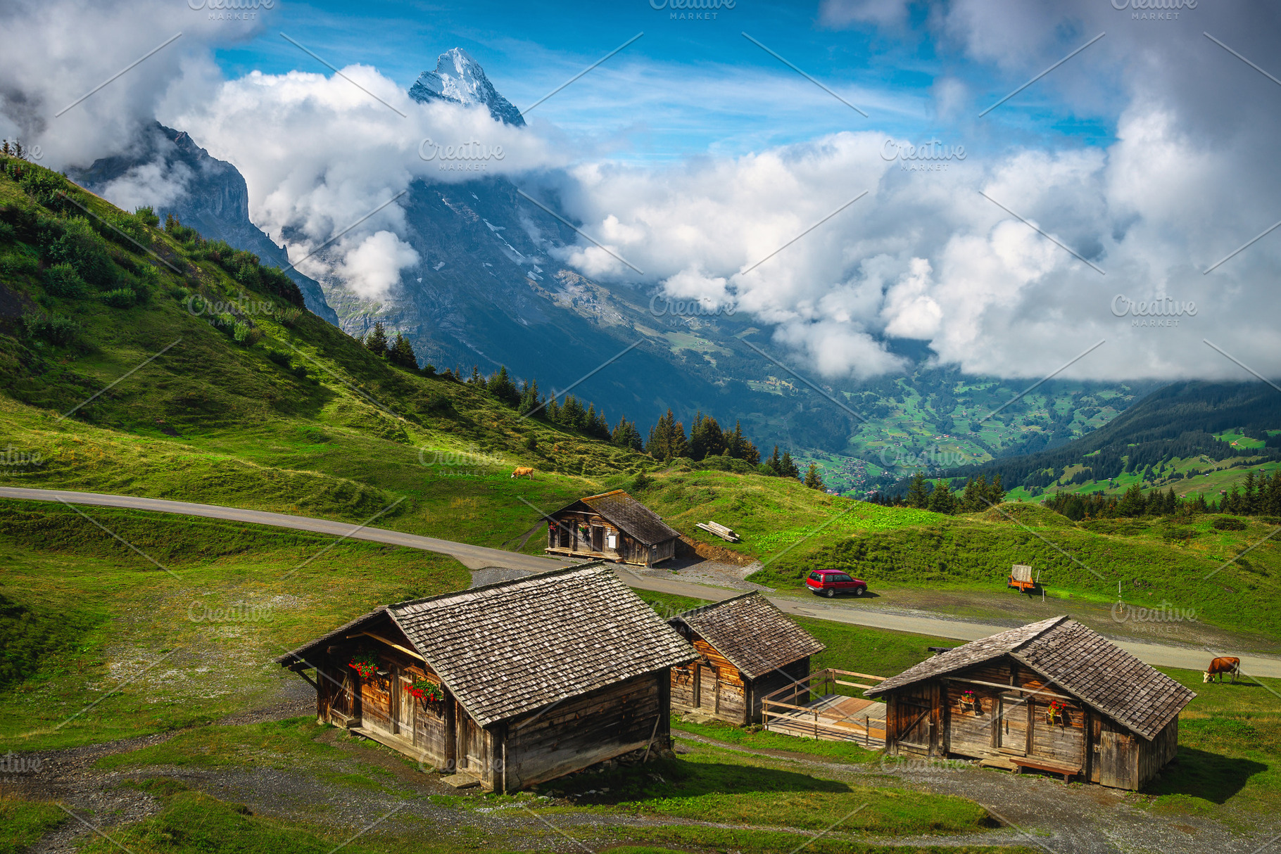 Farmhouses on the green hills, an Architecture Photo by Alpine Dreams