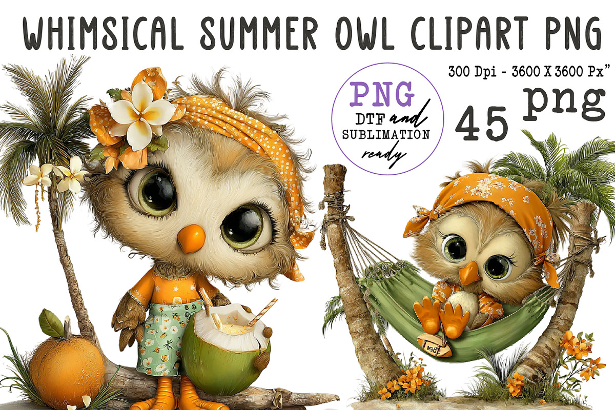 Whimsical Summer Owl Clipart PNG, an Illustration by CreationArt (Photo 1 of 7)