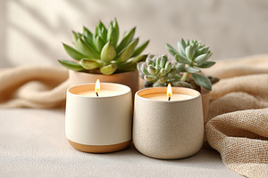 Elegant candles softly glowing beside lush succulents on a serene tabletop, a Beauty & Fashion Photo by AlyaAnd