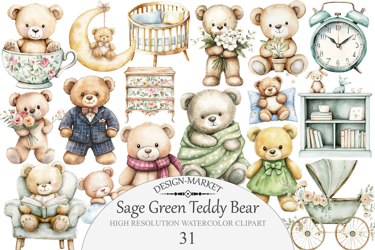 Sage Green Teddy Bear Clipart, an Illustration by Design Market (Photo 1 of 4)