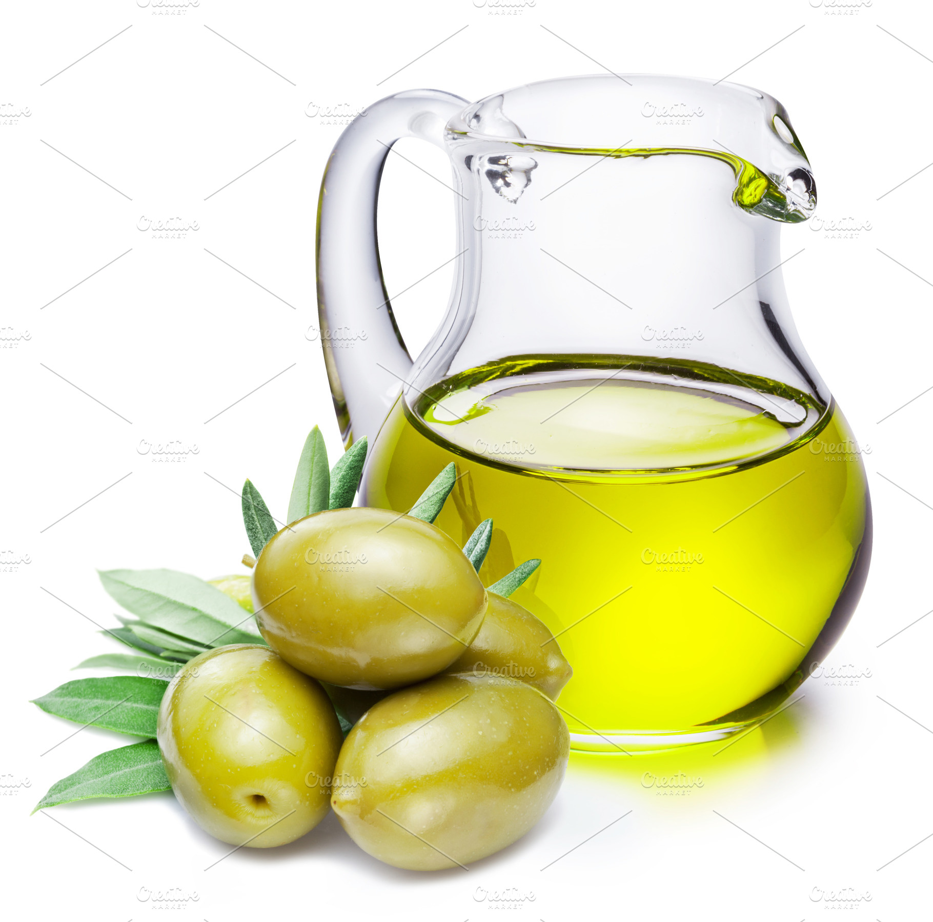 Green natural olives and decanter with olive oil isolated on a w, a Food & Drink Photo by Volff