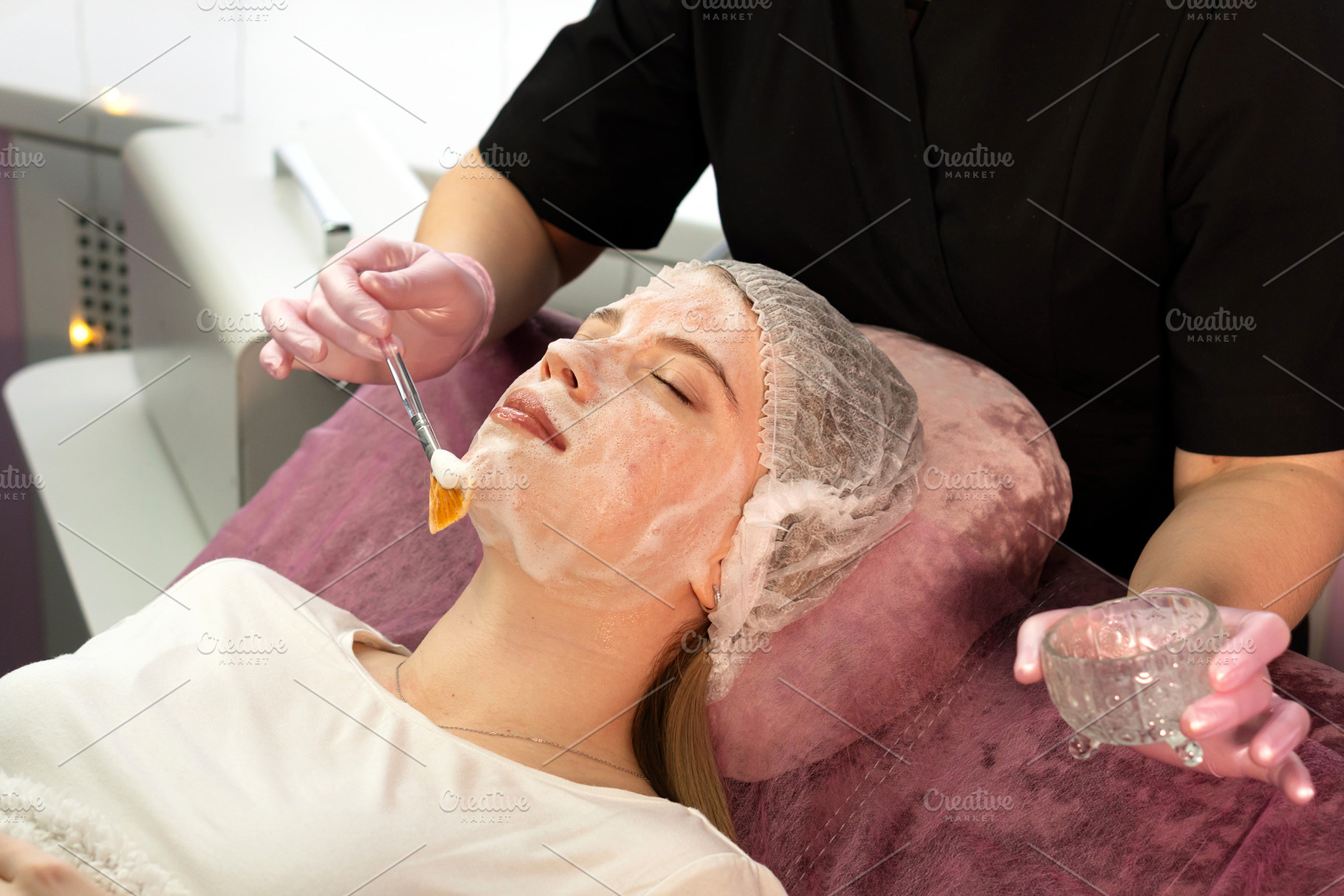 Esthetician applies fanbrush foamy, a Person Photo by Elena Vagengeim