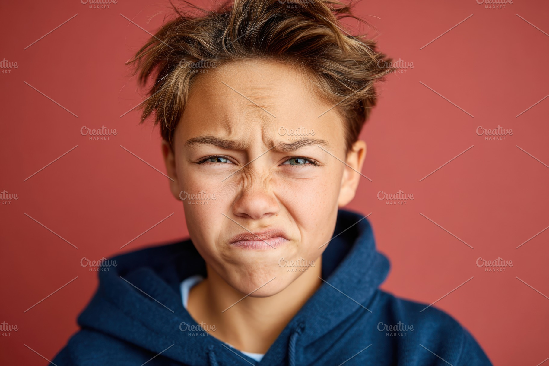 Displeased boy with curly hair on red background, a Person Photo by AlyaAnd
