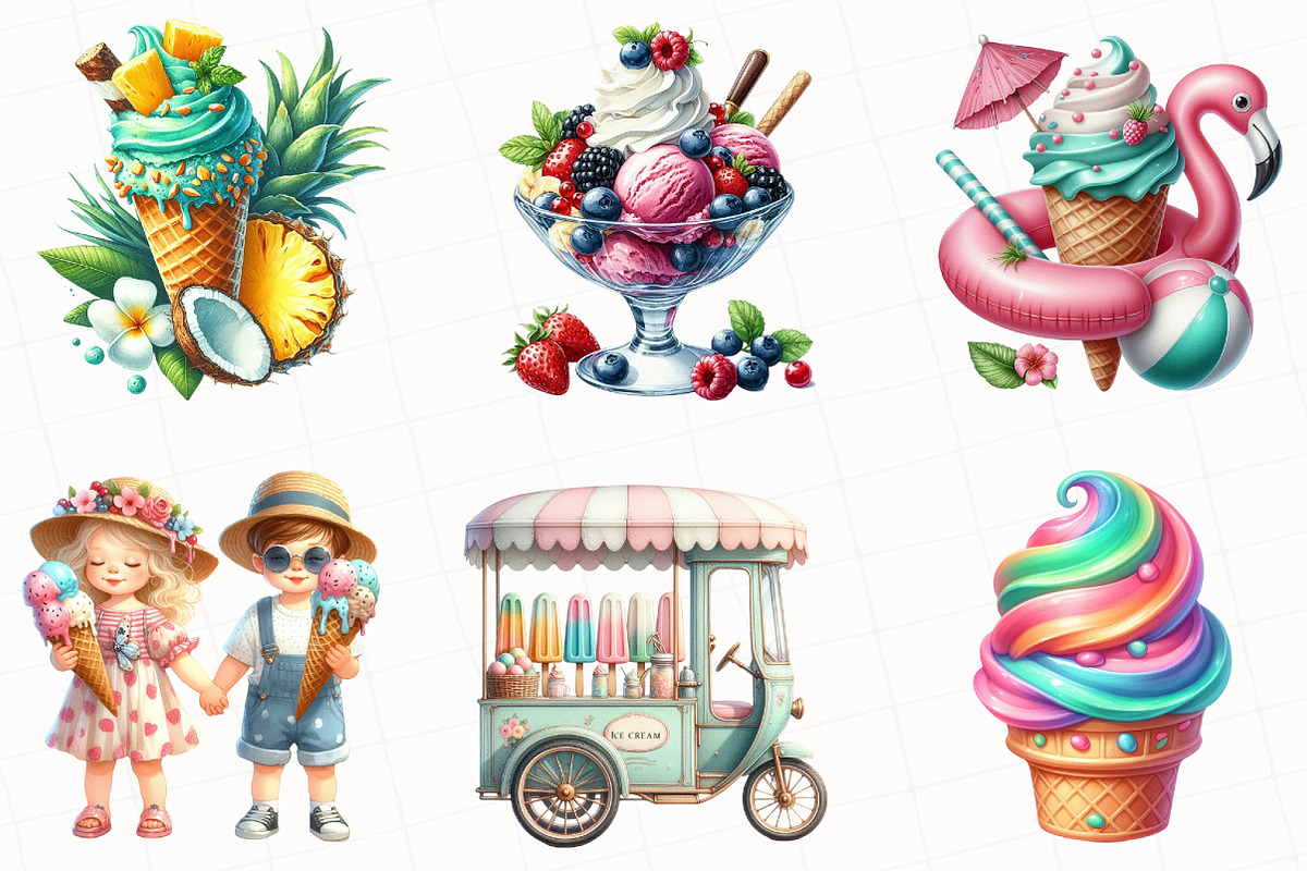 Watercolor Summer Ice Cream Clipart, an Illustration by OK Design (Photo 3 of 5)