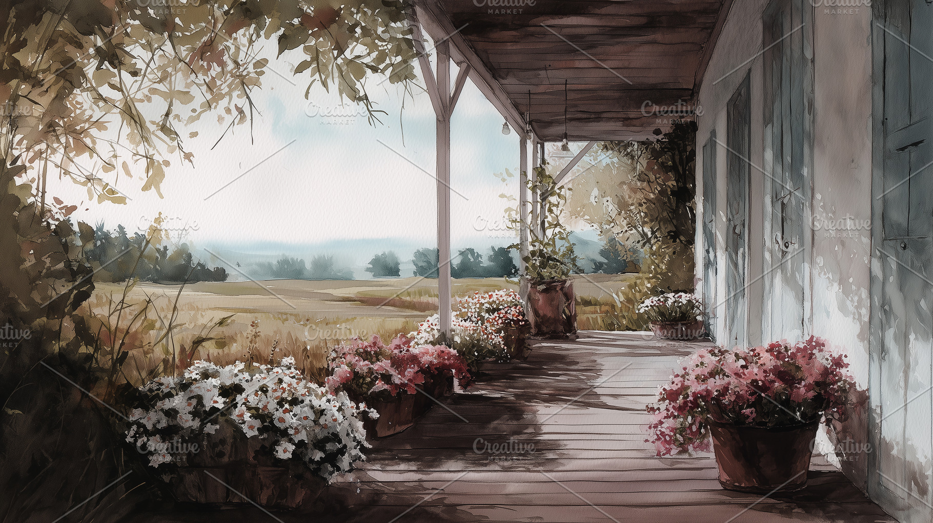 Watercolor rustic veranda adorned, a Nature Photo by MistyDay
