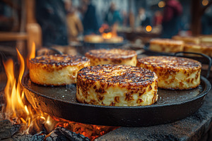 Grilled cheese rounds cooking on ope, a Photo by Pixeness Studio