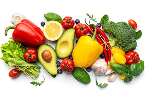 Fresh vegetables and fruits creating healthy food concept, a Food & Drink Photo by Olena Rudo