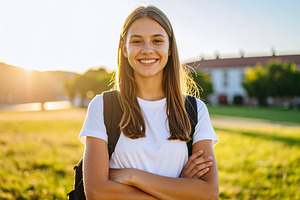 Teenage girl standing outdoors, looking directly at the camera, a School & Education Photo by DanFLCreativo