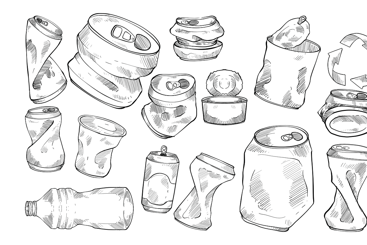 recycling cans handdrawn collection, an Object Graphic by nikagraphic