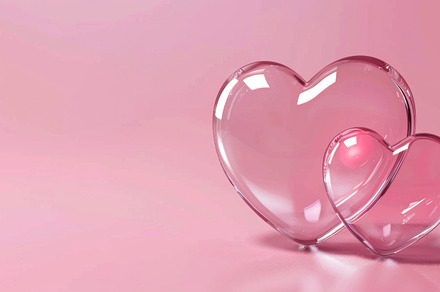 Pink glass hearts on pink background, concept of love, a Photo by Dvoevnore photos