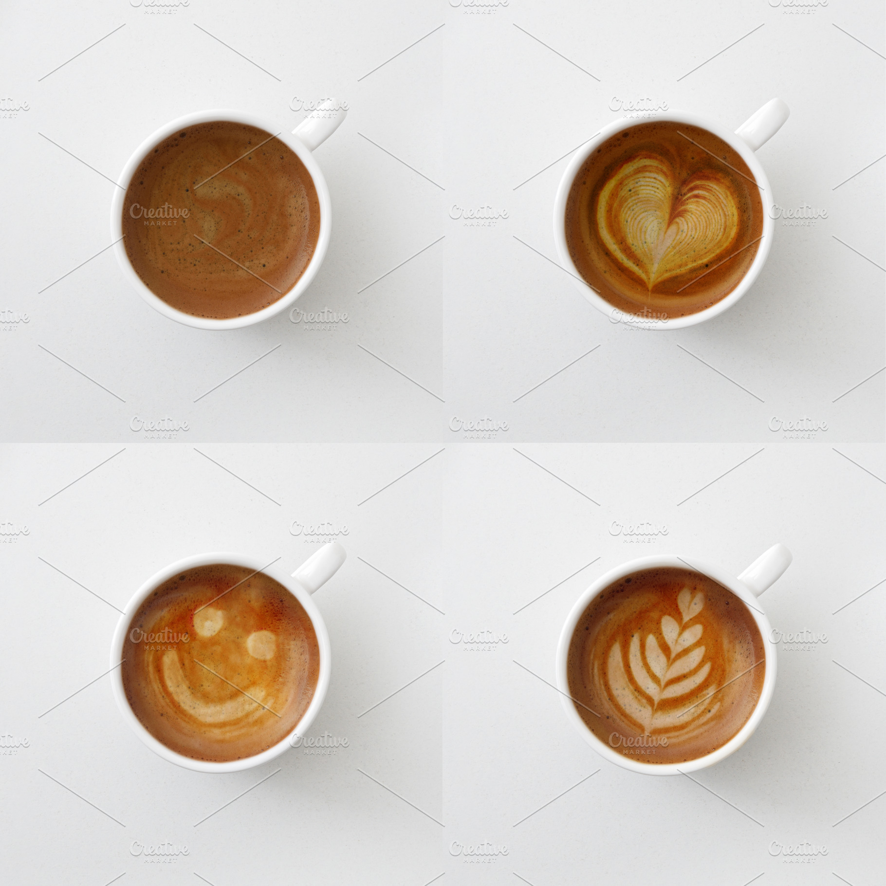Collection of four coffee cups with various designs in foam, a Food & Drink Photo by Davizro's Market