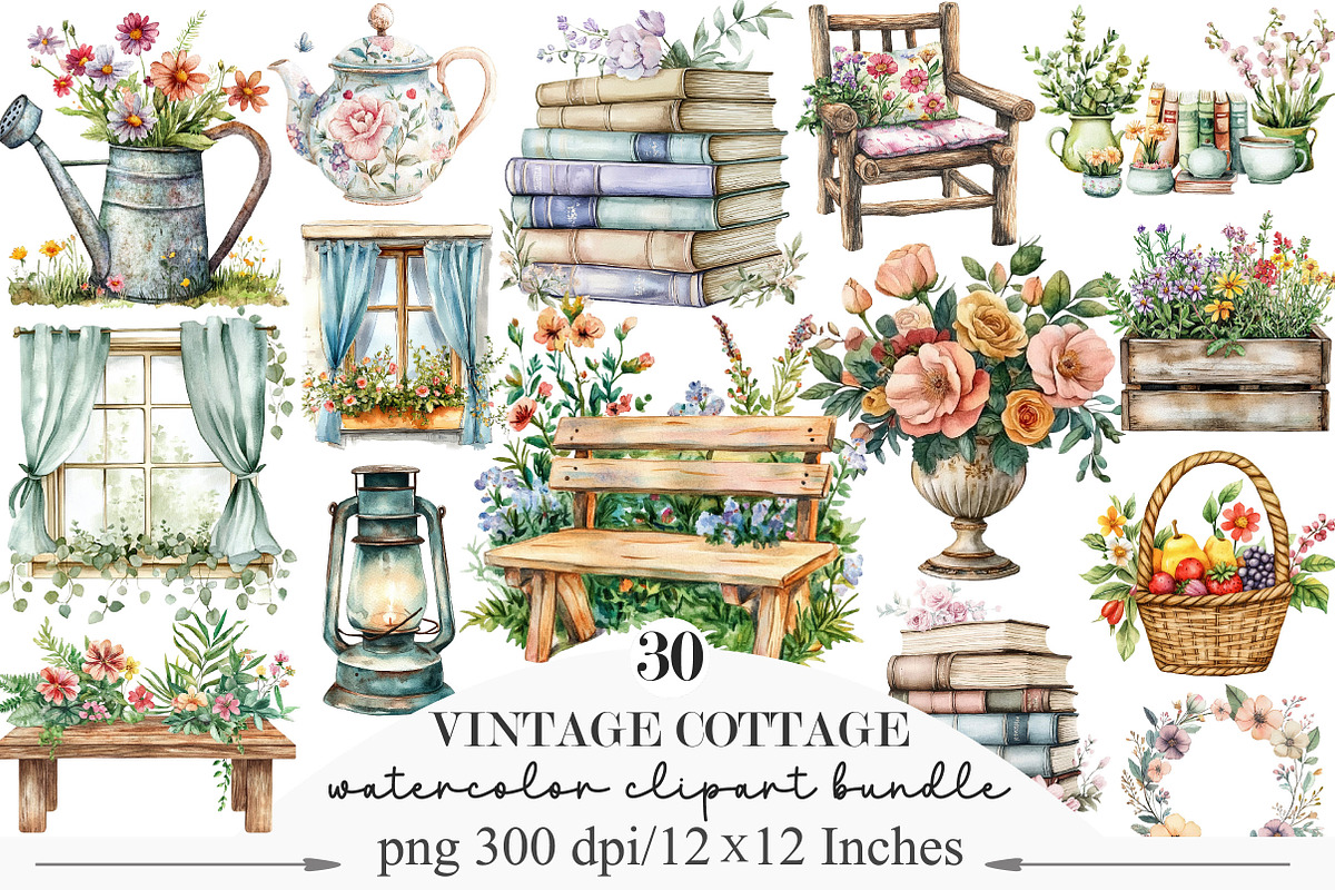 Watercolor Vintage Cottage Life Item, an Illustration by Designking (Photo 1 of 5)