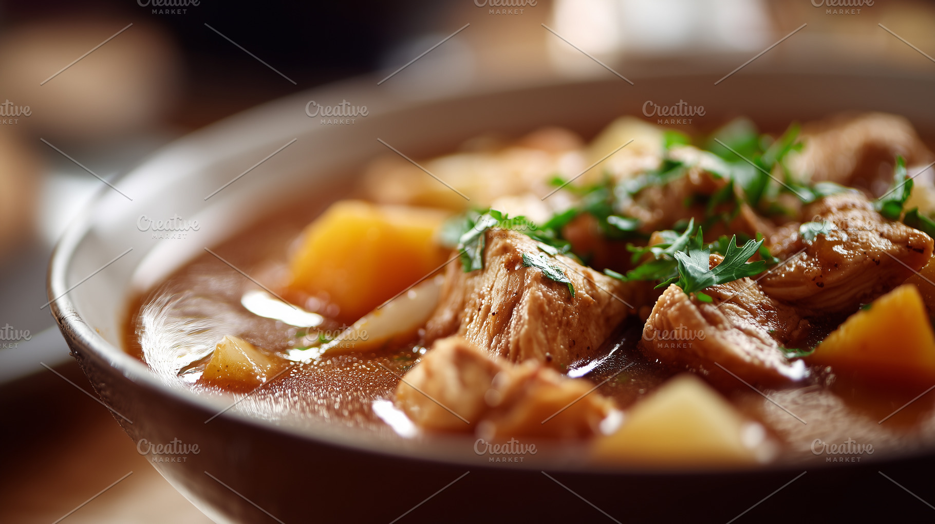 Close up of a steaming bowl of stew, a Food & Drink Photo by MistyDay