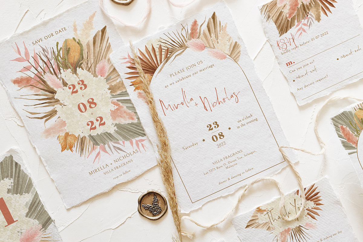 Bohemian Dried Foliage Wedding Suite, an Invitation Template by BlueRobinDesignShop (Photo 1 of 17)