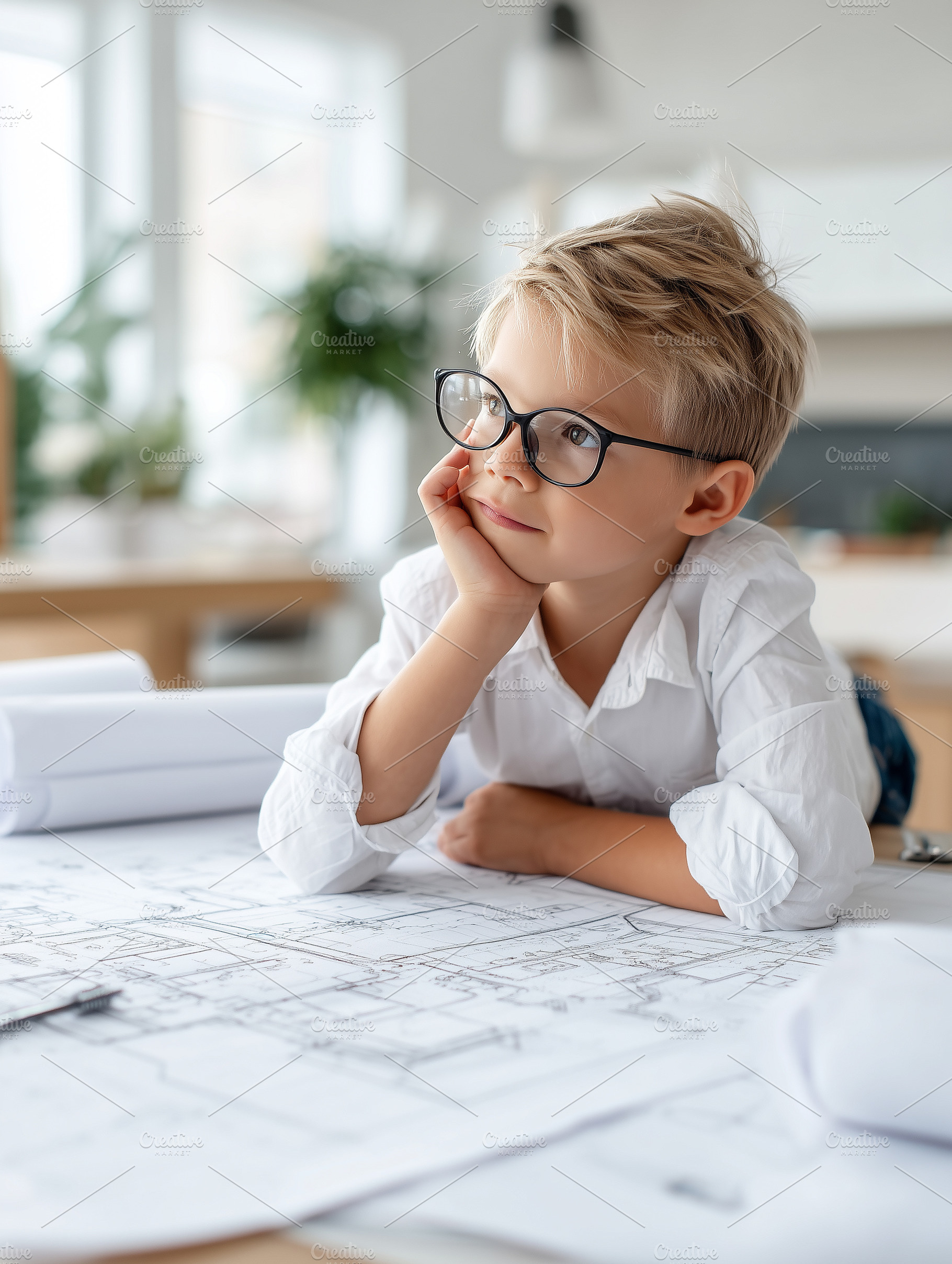 Thoughtful young boy in glasses lean, a Business Photo by MistyDay