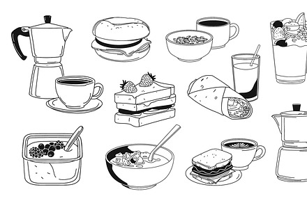 Line art breakfast food. Vector