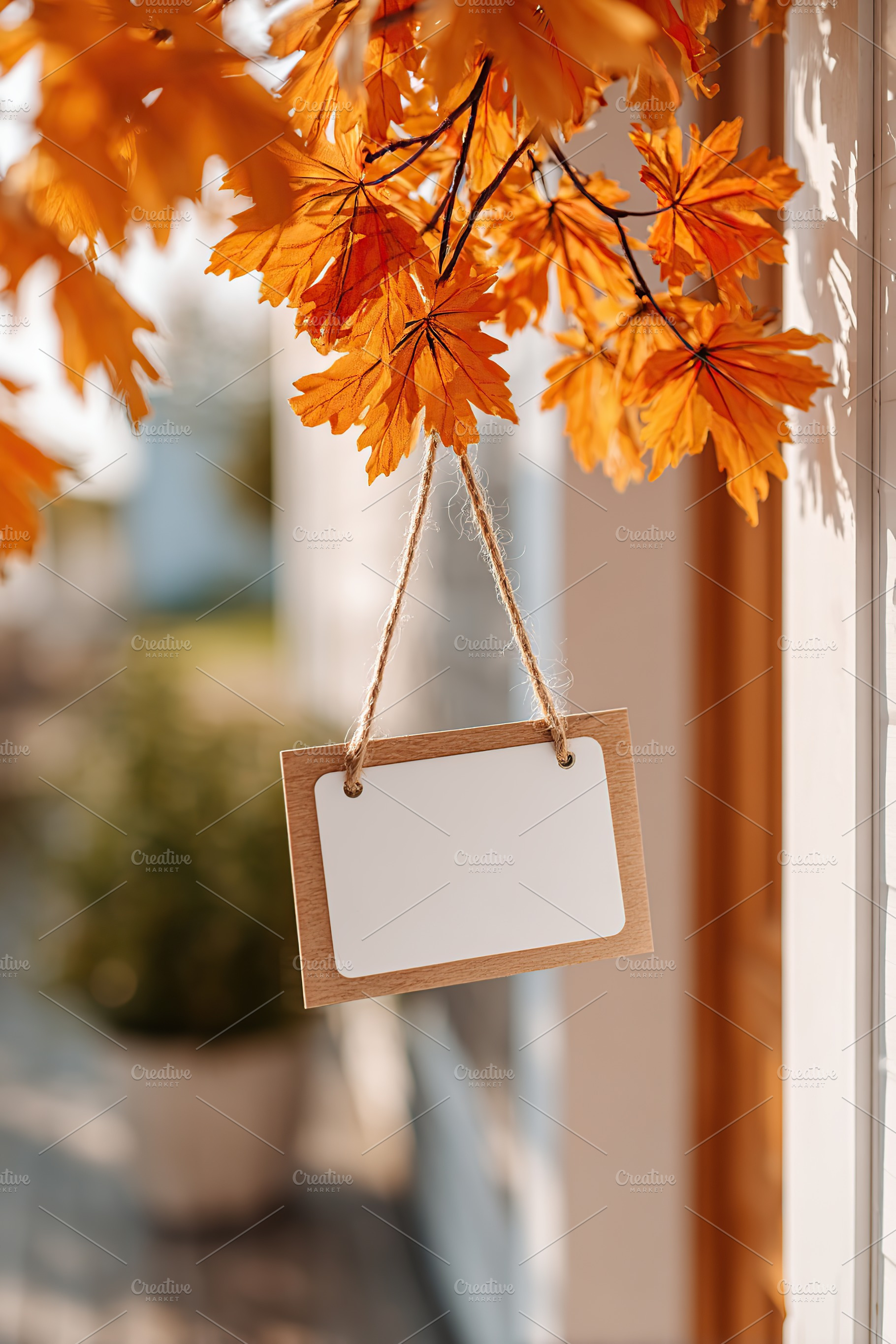 Beautiful autumn leaves frame a blank sign hanging near a cozy outdoor space, a Photo by AlyaAnd