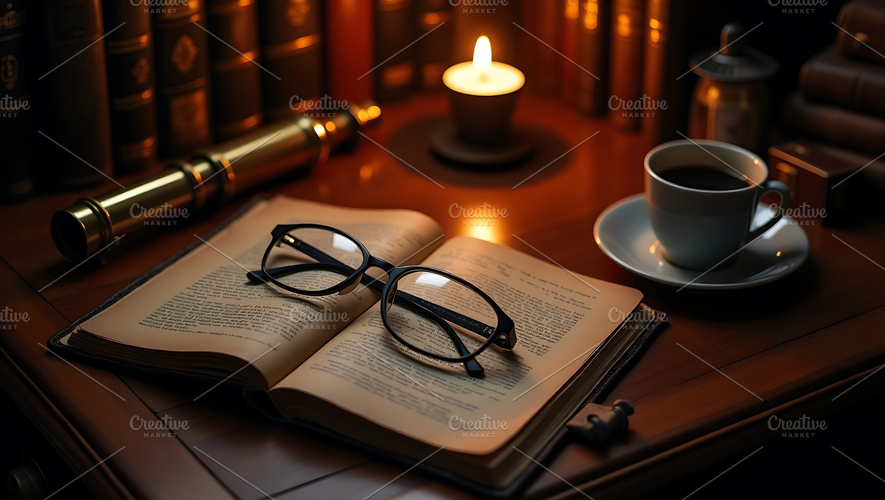 Open Book with Glasses Candle Coffee, a School & Education Photo by Artonix